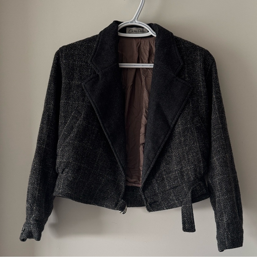 Vintage 100% Wool Women's Grey Tweed Crop Jacket - Clichy Petite - Size 4